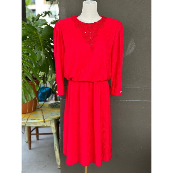 Vintage 80s California Looks Made in USA Red Long Sleeve Midi Dress Embroidered - Picture 1 of 10